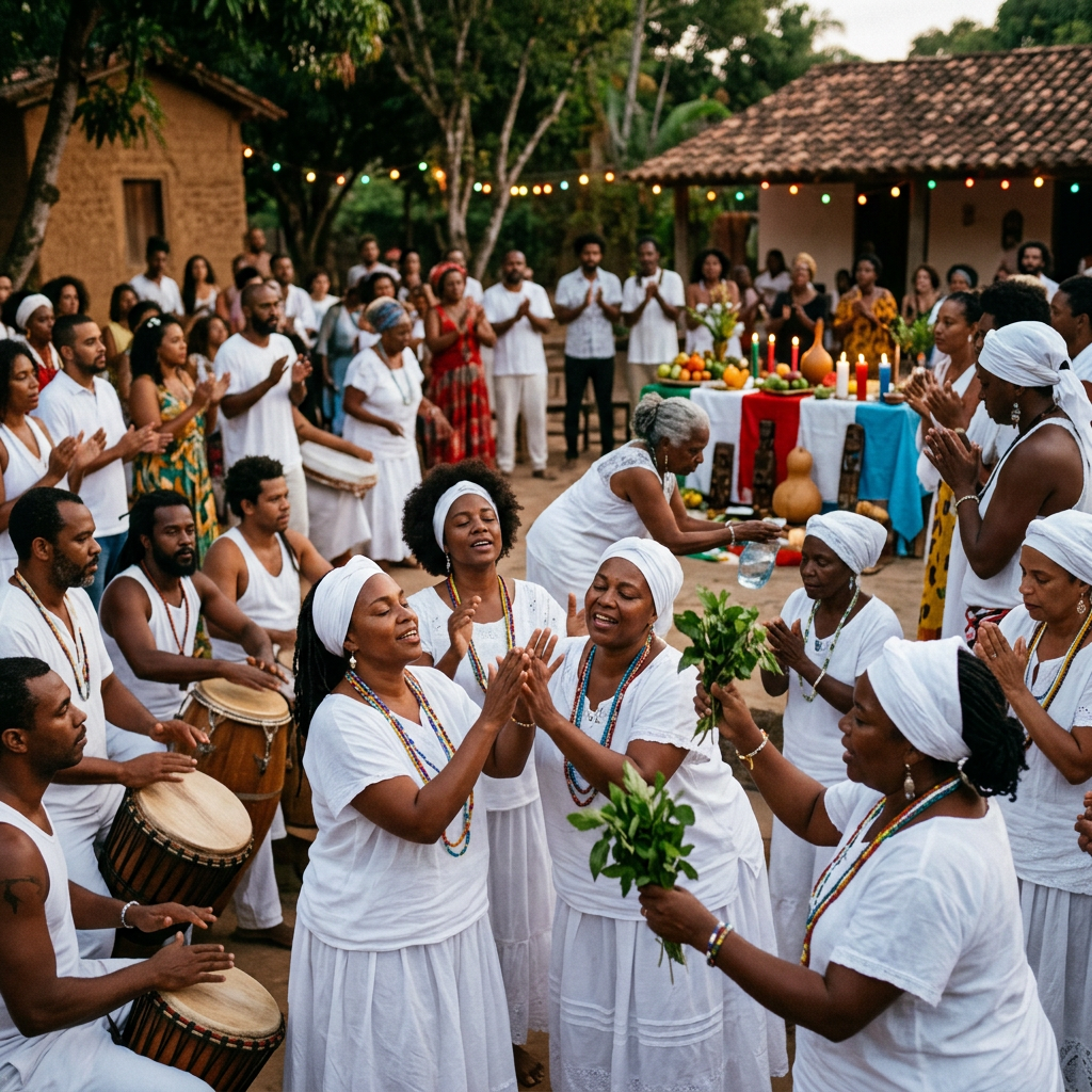 Group of people dressed in white performing a spiritual ceremony with drums and dancing