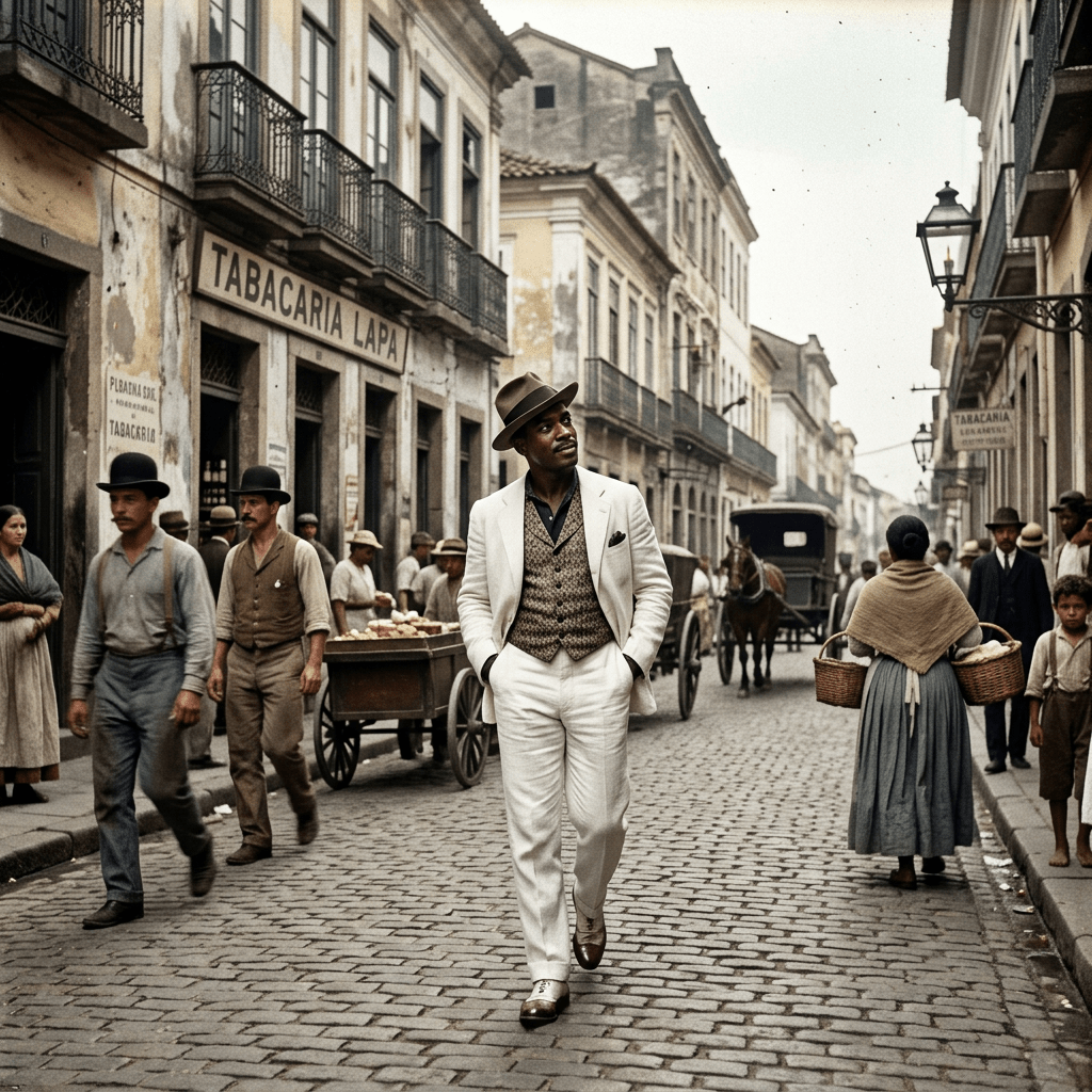 Man in white suit and hat walking on a cobblestone street in a historic urban setting