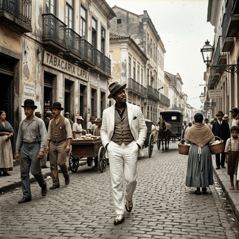 Man in white suit and hat walking on a cobblestone street in a historic urban setting