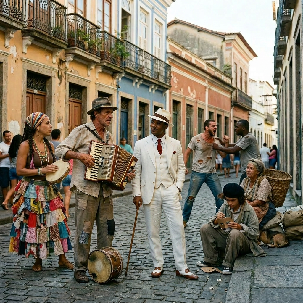 Three street musicians playing accordion, tambourine, and guitar on cobblestone street with artisan sitting nearby