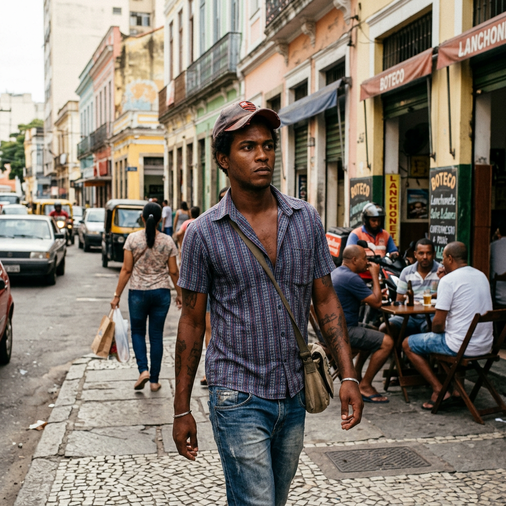 Malandro alert on Rio street, scanning surroundings