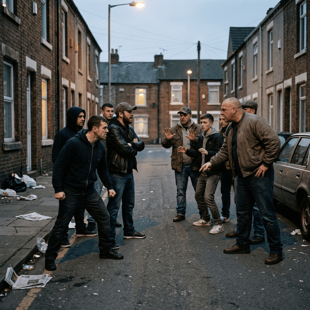 Two groups of men confronting each other in a narrow urban street