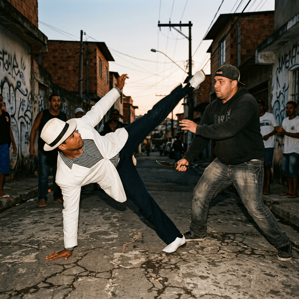 Malandro performing rabo-de-arraia against knife-wielding thug