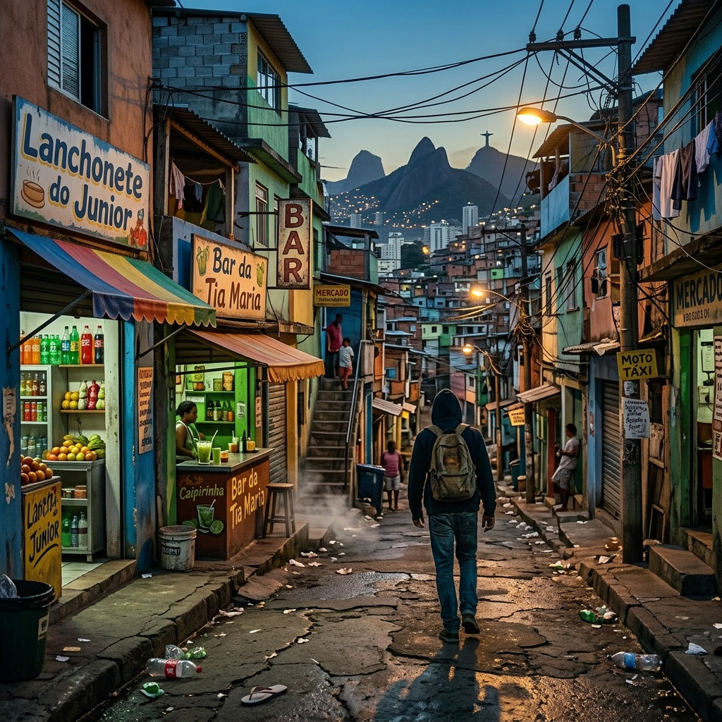 Person wearing a hoodie and backpack walking on a wet city street at night with neon signs for a bar and a mart