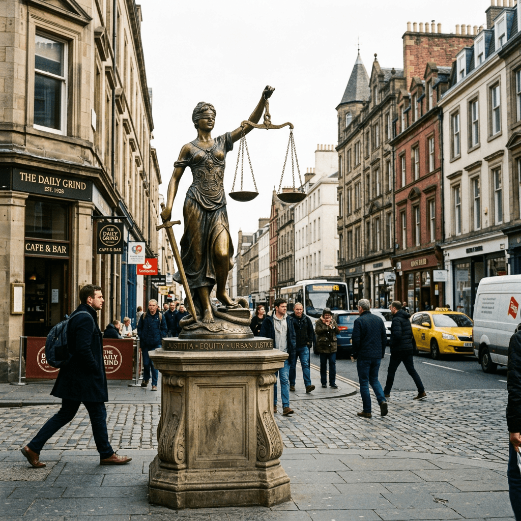 Bronze statue of Lady Justice holding scales and sword on a city sidewalk