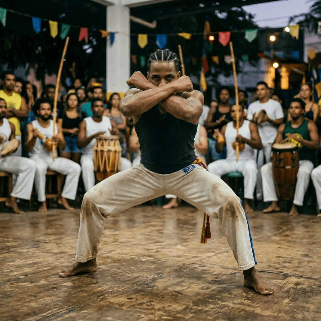 Man performing capoeira with musicians playing at the background