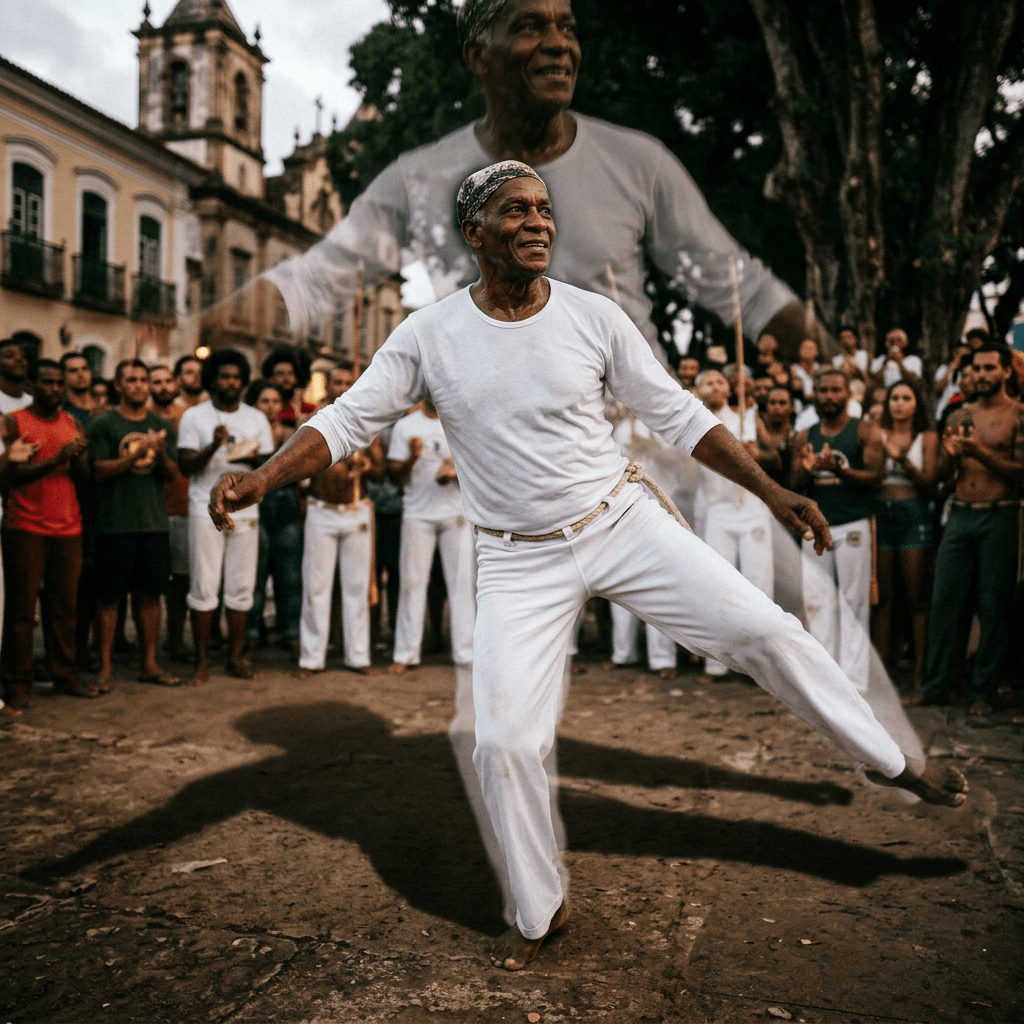 Elder man dressed in white performing capoeira dance among a gathered audience