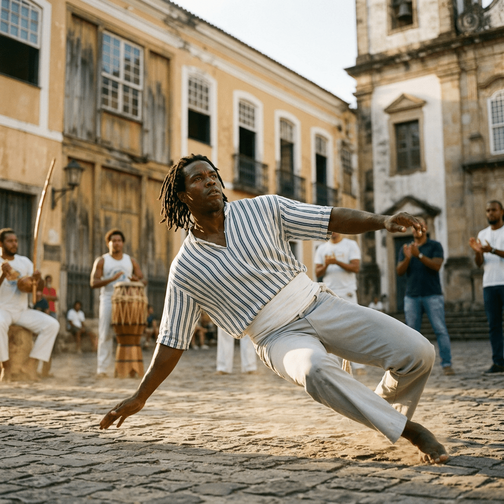 Man in striped shirt performing a Capoeira move on a cobblestone street with musicians in background