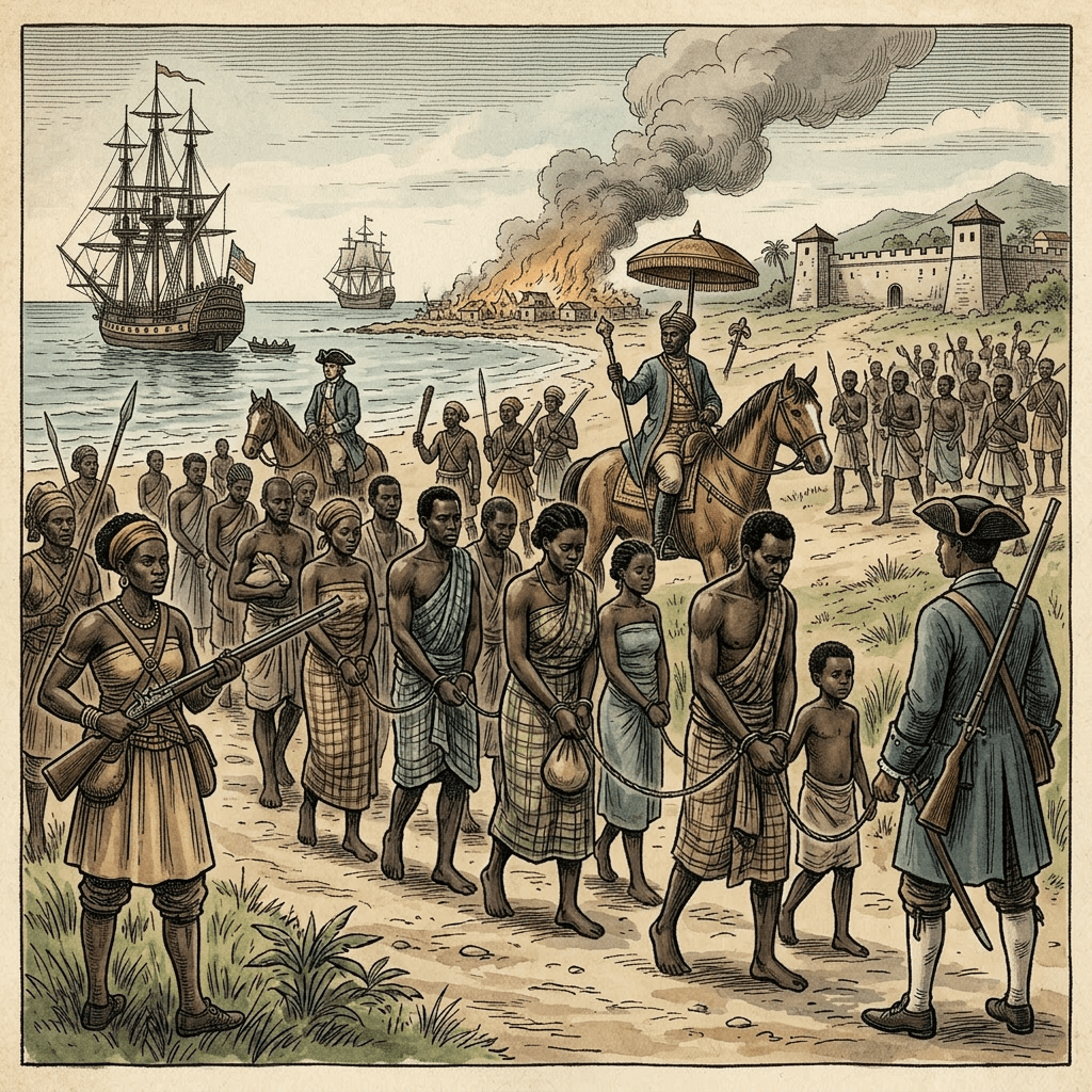 Group of enslaved African people in chains walking along a shoreline guarded by armed men with ships offshore and a burning village in the background