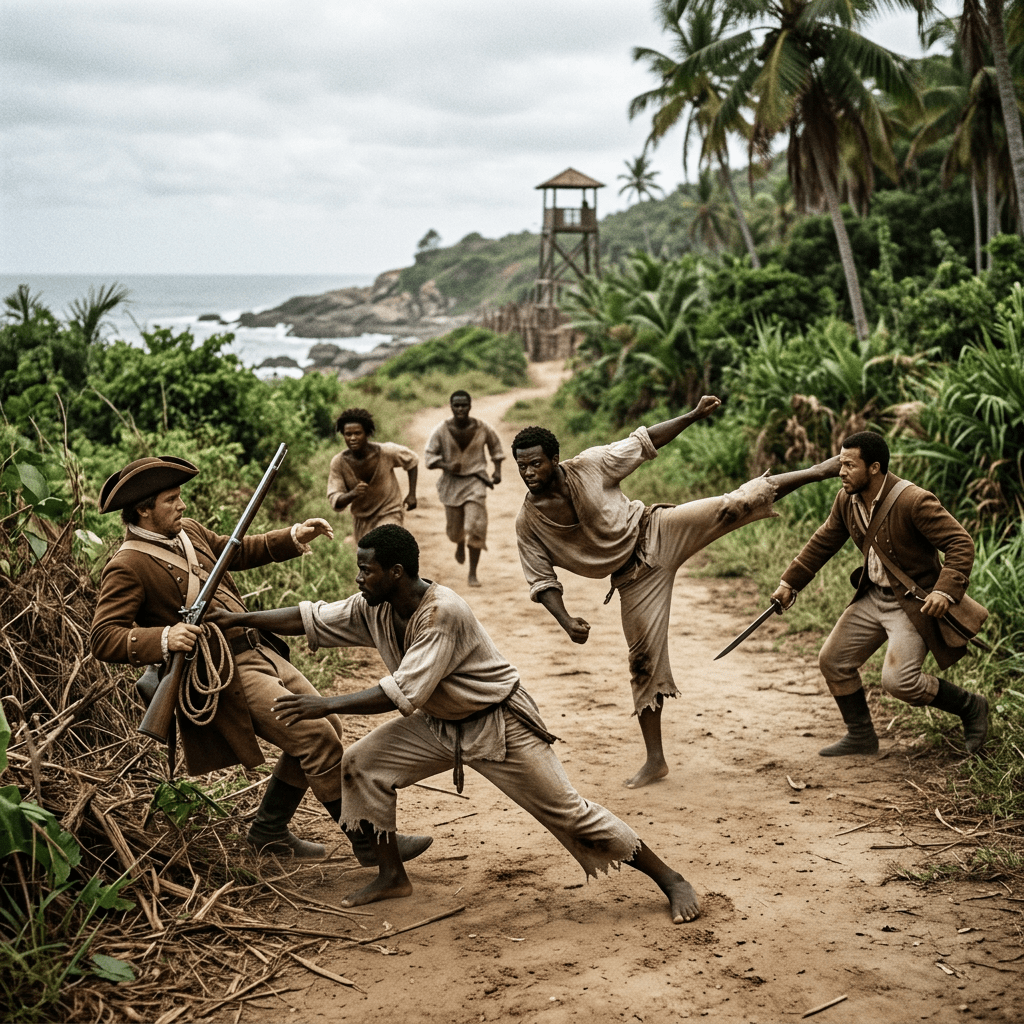 Men in historical clothing fighting on a dirt coastal path with vegetation and watchtower