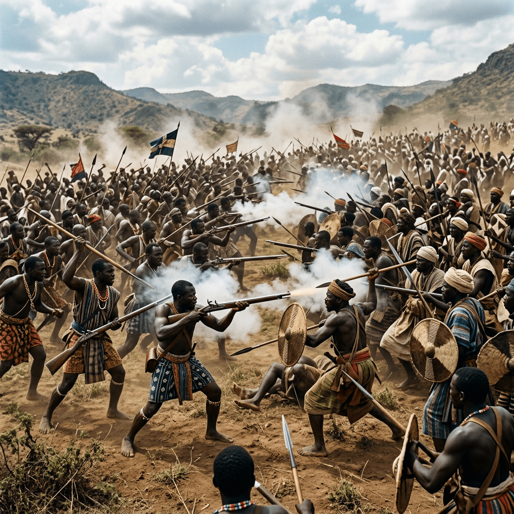 Two large groups of tribal warriors clash using spears, shields, and muskets in a dusty battlefield