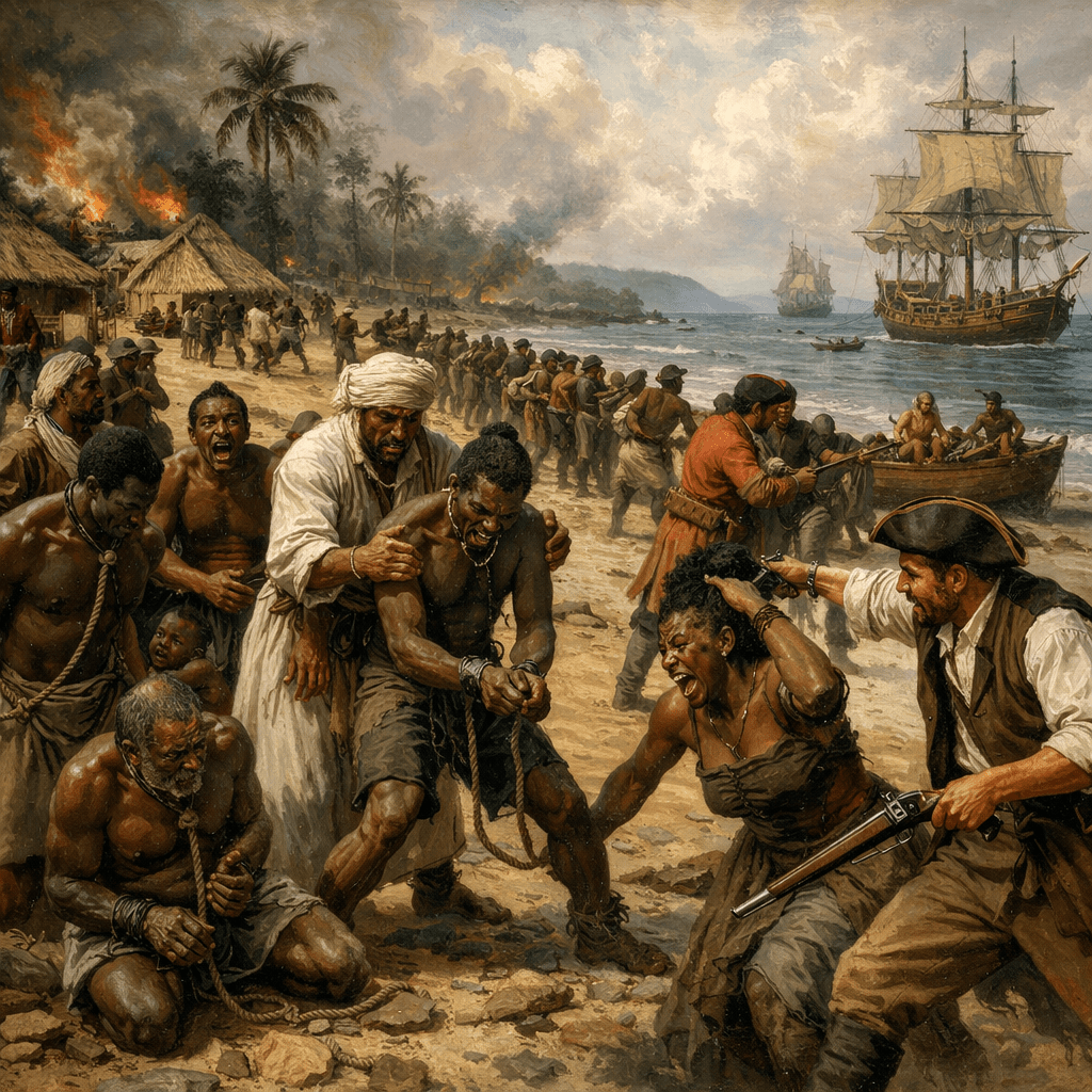 Enslaved African men and women chained and struggling on a beach with burning huts and large ships offshore