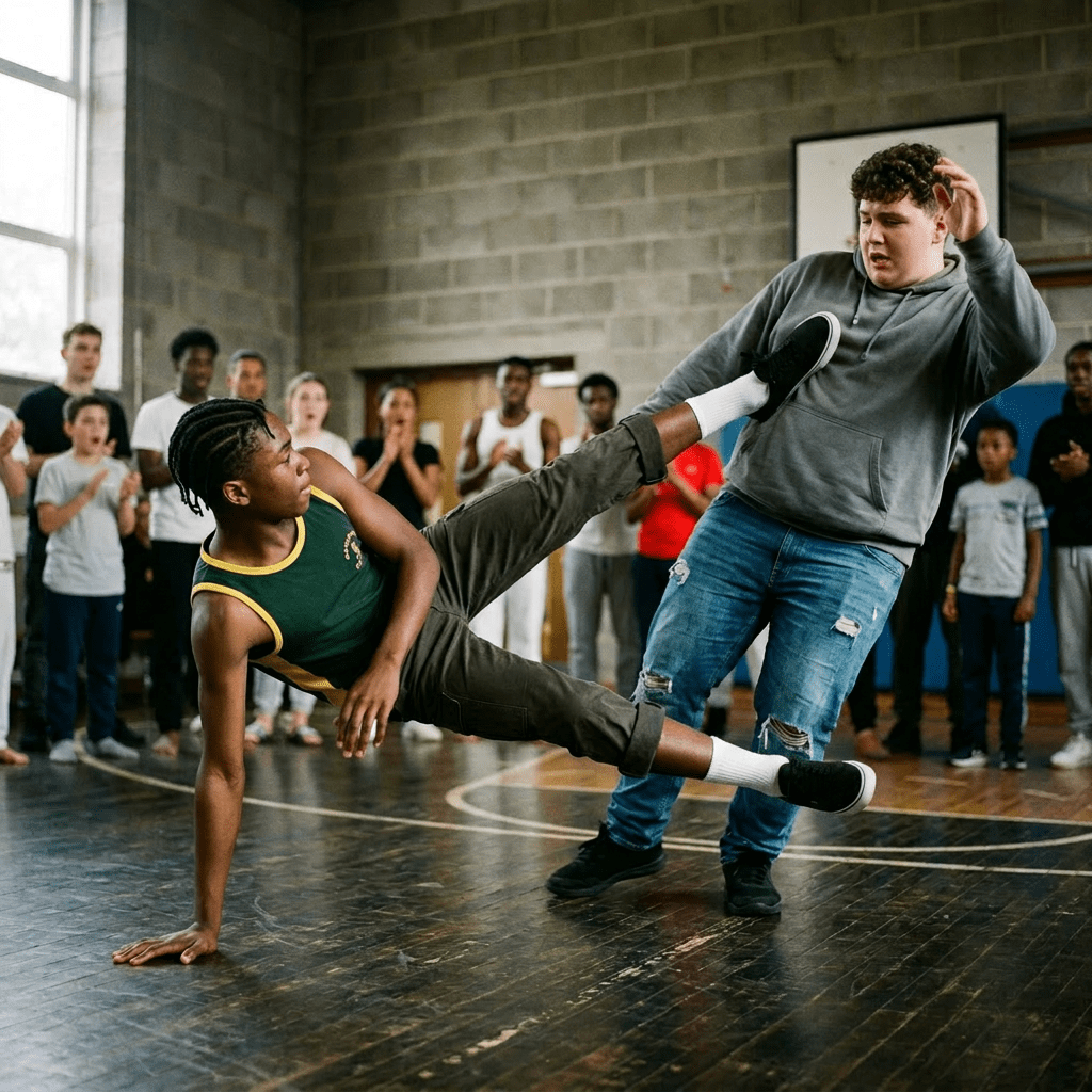 Two teenagers performing martial arts moves in a gym with an audience watching