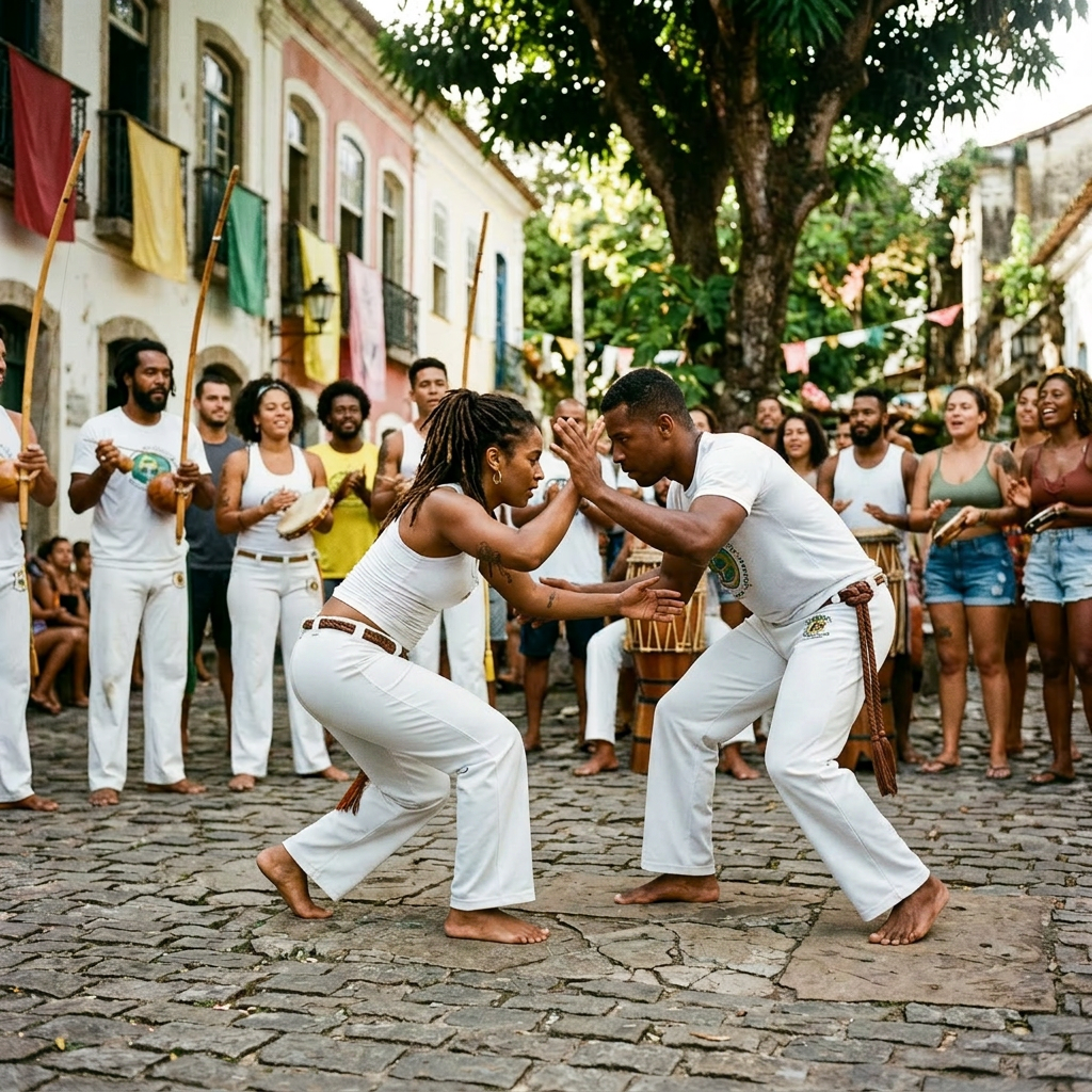 Two people practicing Capoeira barefoot on cobblestone street with crowd playing instruments and clapping