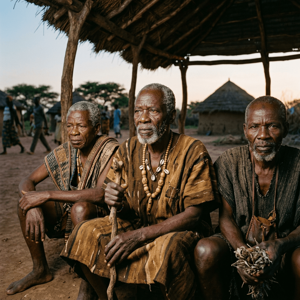 Three African elders seated outdoors in traditional clothing under a thatched roof
