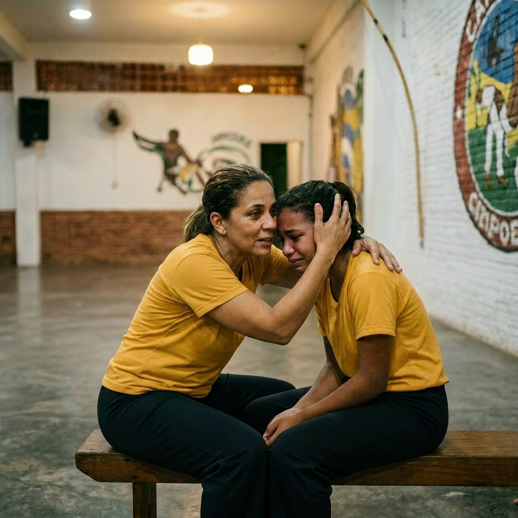Capoeira instructor consoling a crying young student in a group class