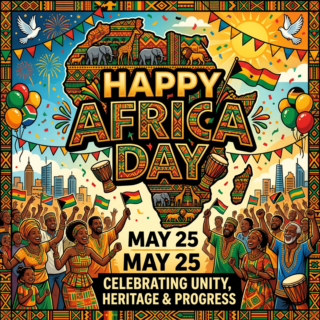 Diverse group celebrating Africa Day with African flags, drums, and festive decorations