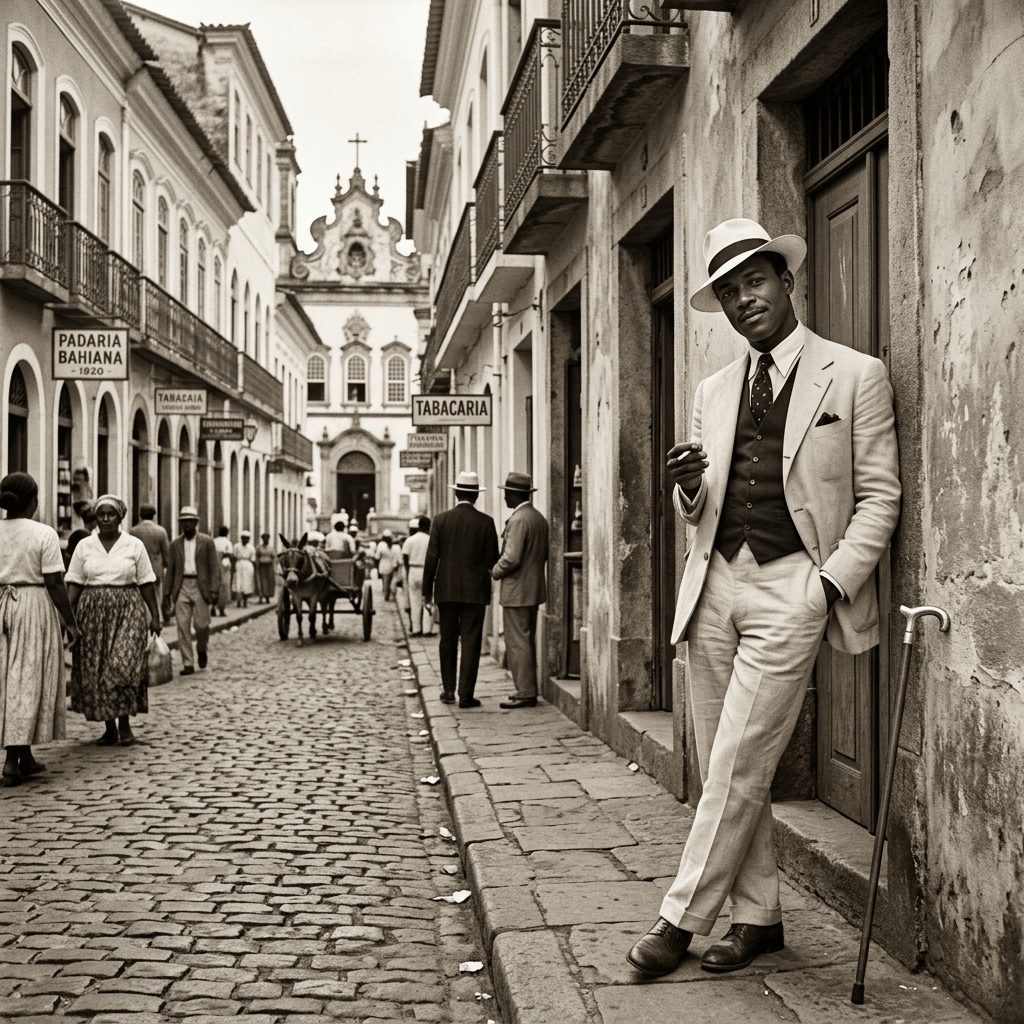 Man in suit and hat leaning on wall with cane on historic cobblestone street