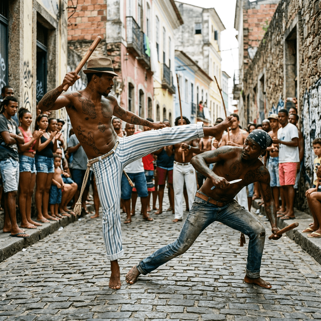 Two men practicing capoeira with wooden sticks on a cobblestone street with onlookers