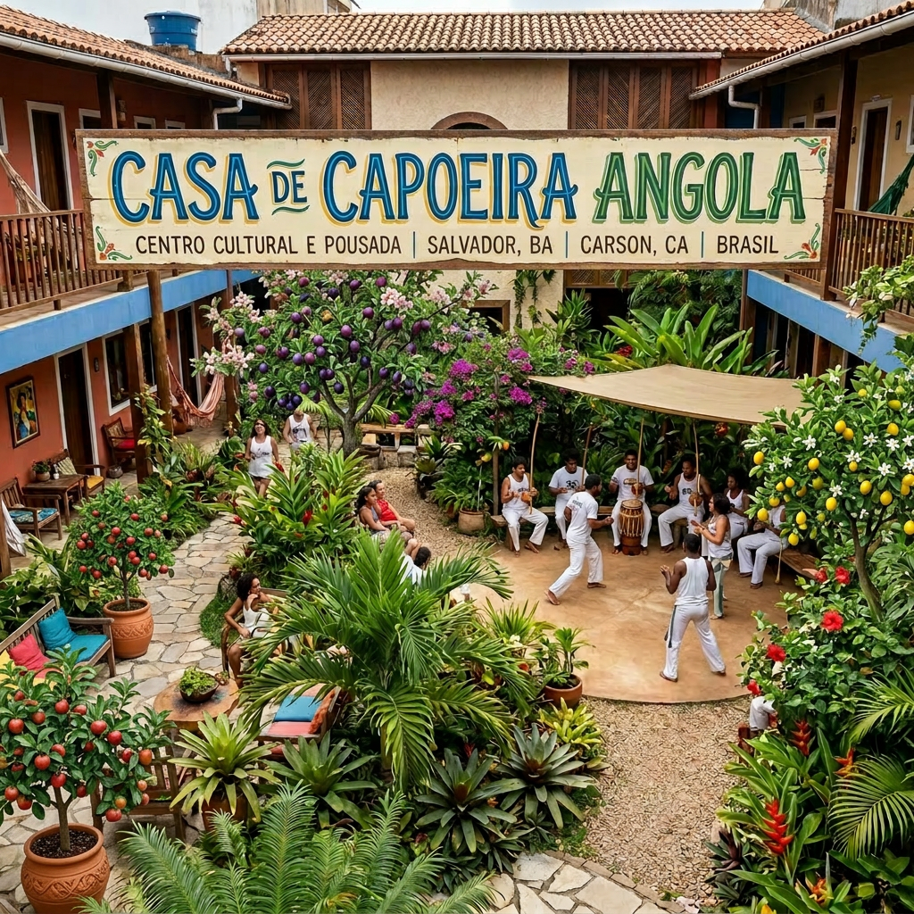 Capoeira Angola cultural center in Brazil Group of people practicing Capoeira outdoors in a garden courtyard of Casa de Capoeira Angola in Salvador, Brazil