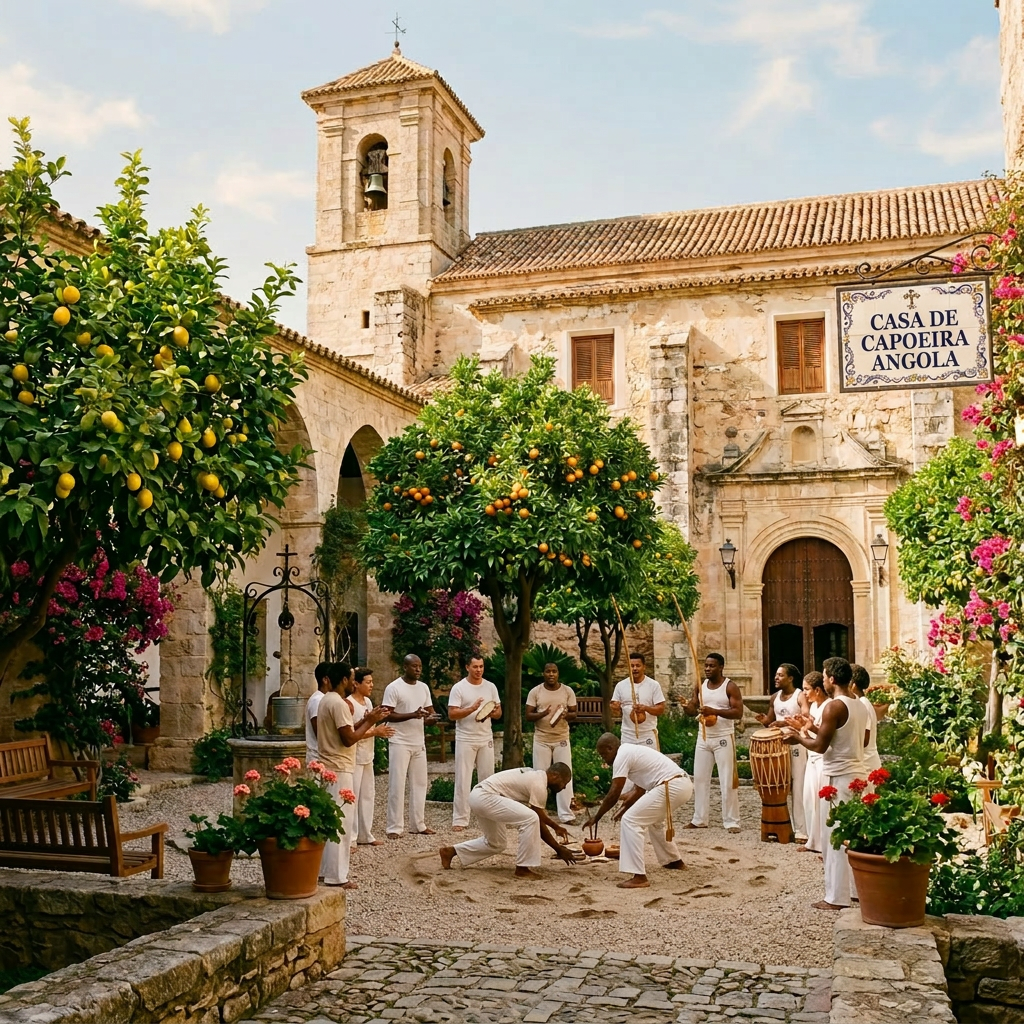 Historic Mediterranean courtyard retreat Courtyard with orange and lemon trees, potted flowers, stone archways, and historic building with sign Casa Santa Maria Bienvenidos