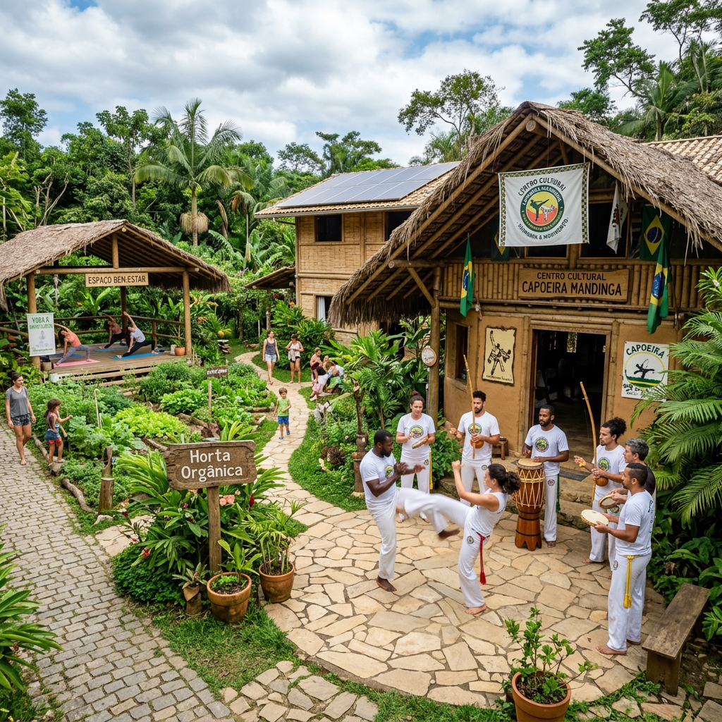 Group practicing capoeira in front of Centro Cultural Capoeira Mandinga with organic garden and yoga area