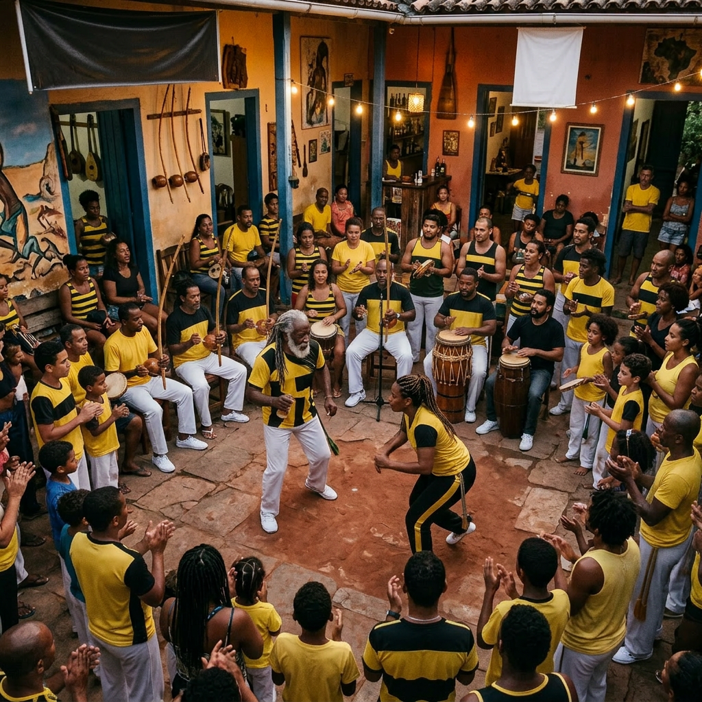 Group of people forming a circle around two individuals performing Capoeira Angola
