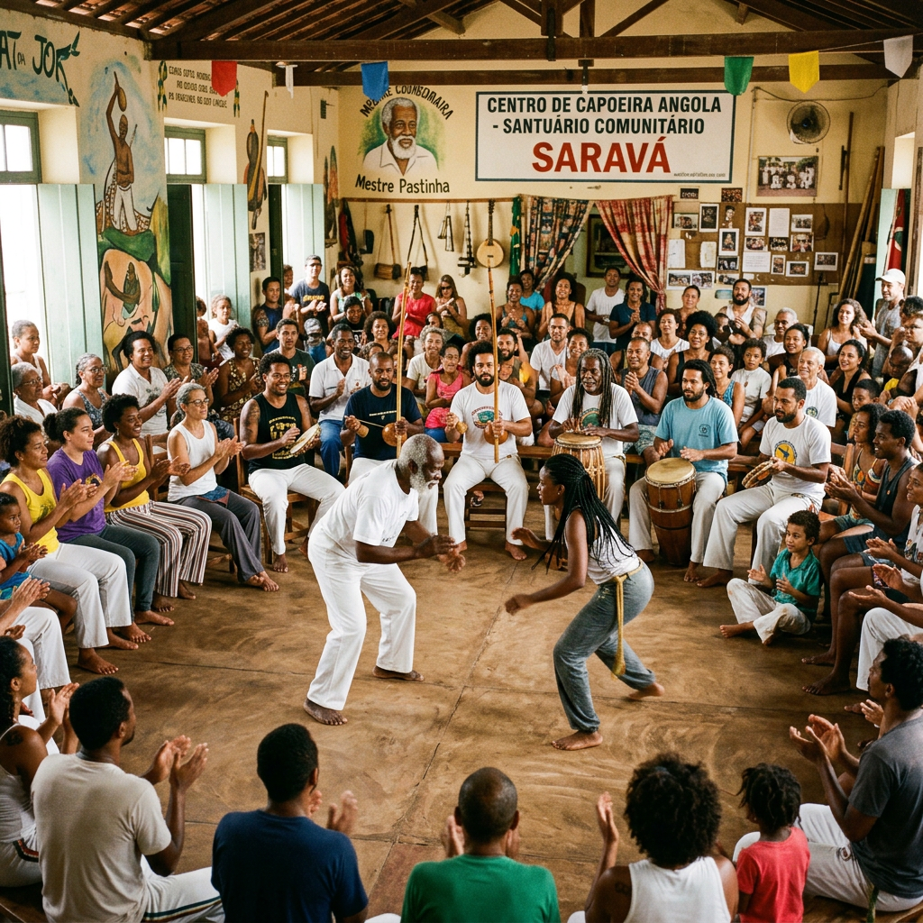 Two people play Capoeira Angola surrounded by a seated circle clapping and playing instruments