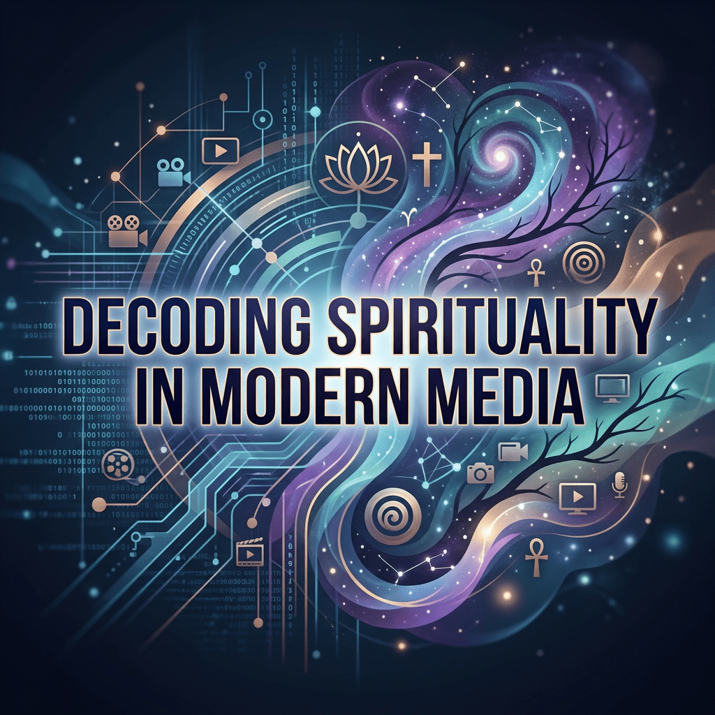 Abstract design combining digital icons and spiritual symbols with text decoding spirituality in modern media