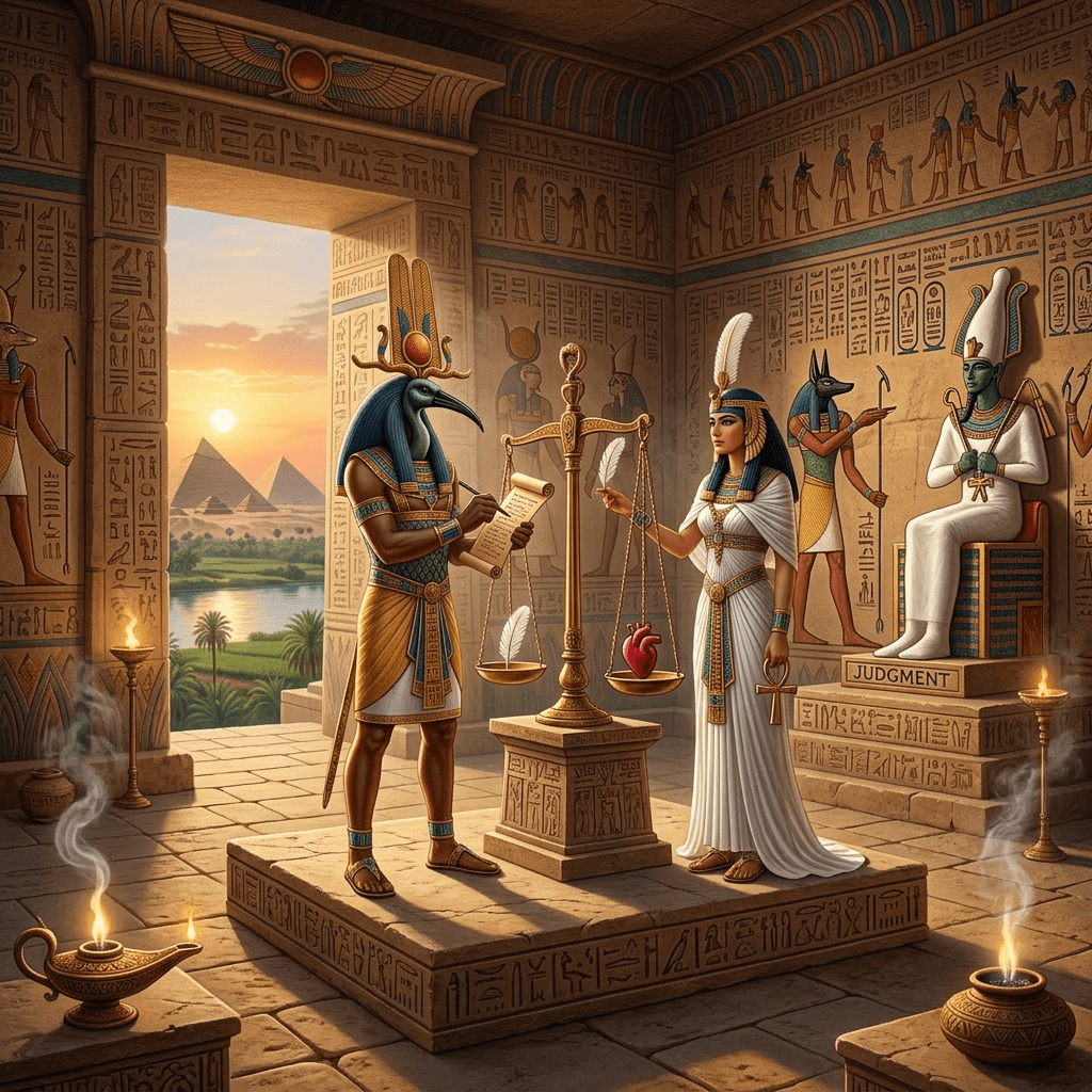 Ancient Egyptian ritual showing a man with a bird head and a woman weighing a heart against a feather before a judgment statue