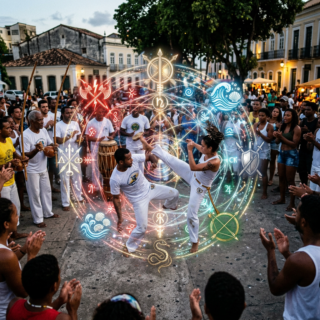 Two capoeira dancers in white outfits performing surrounded by a cheering crowd and musicians playing traditional instruments.