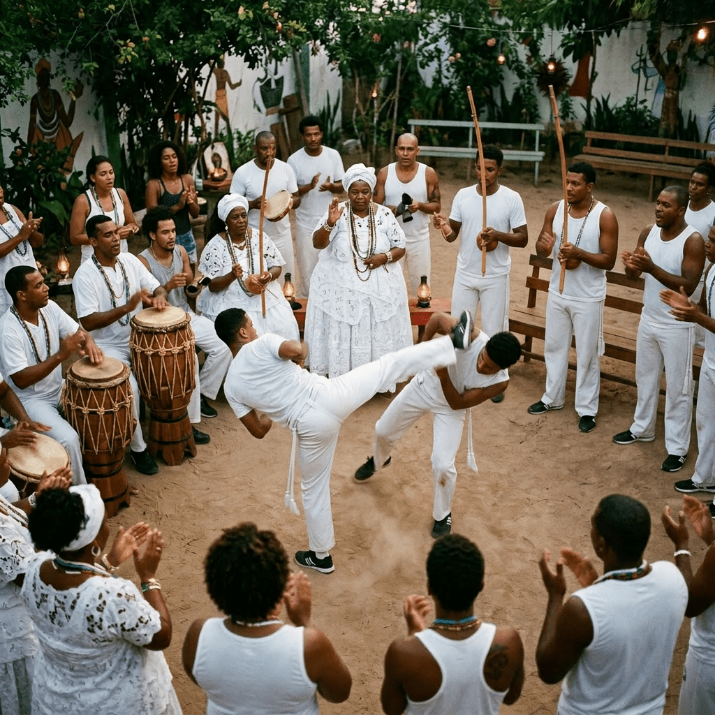 Group performing Capoeira in a circle with drummers and traditional instruments