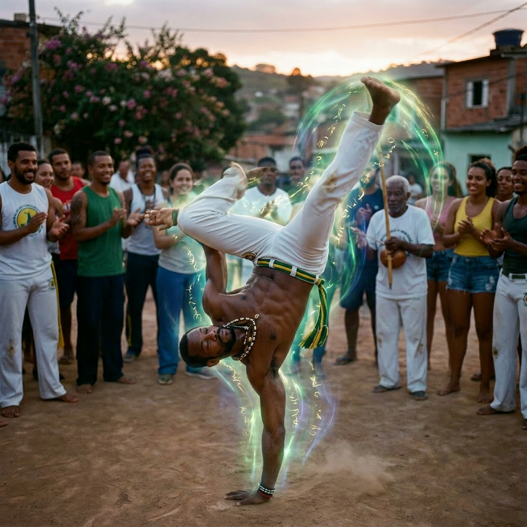 Man performing capoeira move in a circle of clapping spectators outdoors