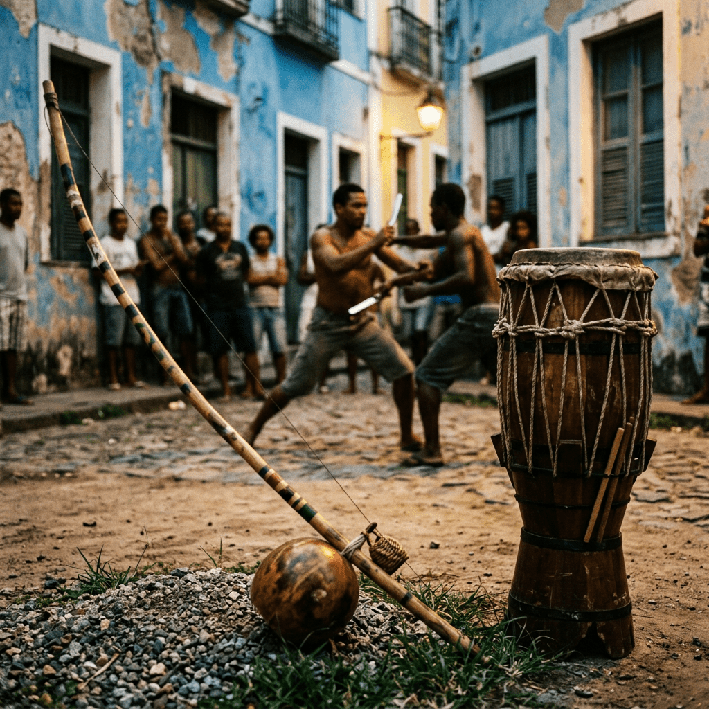 Two men engaged in Capoeira fight with traditional berimbau and drum in foreground