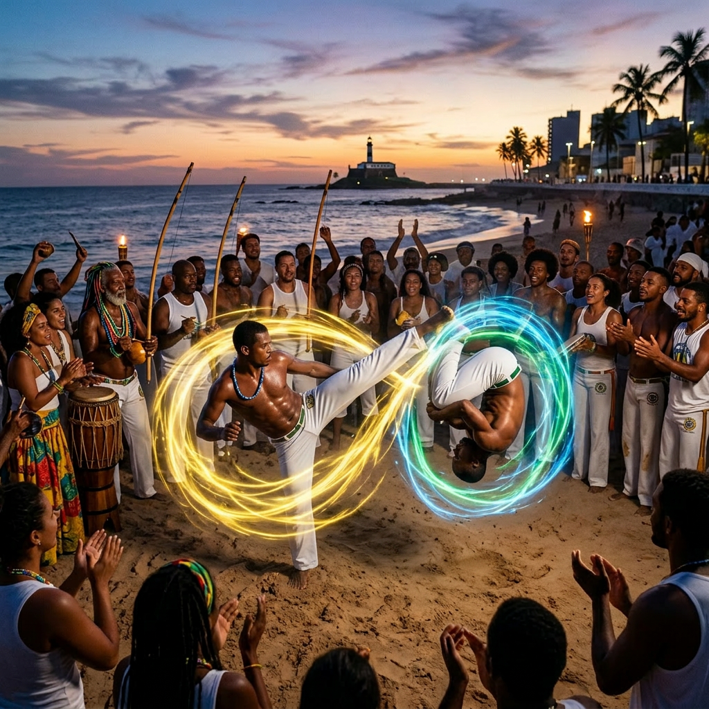 Two men performing capoeira surrounded by a crowd on the beach at sunset