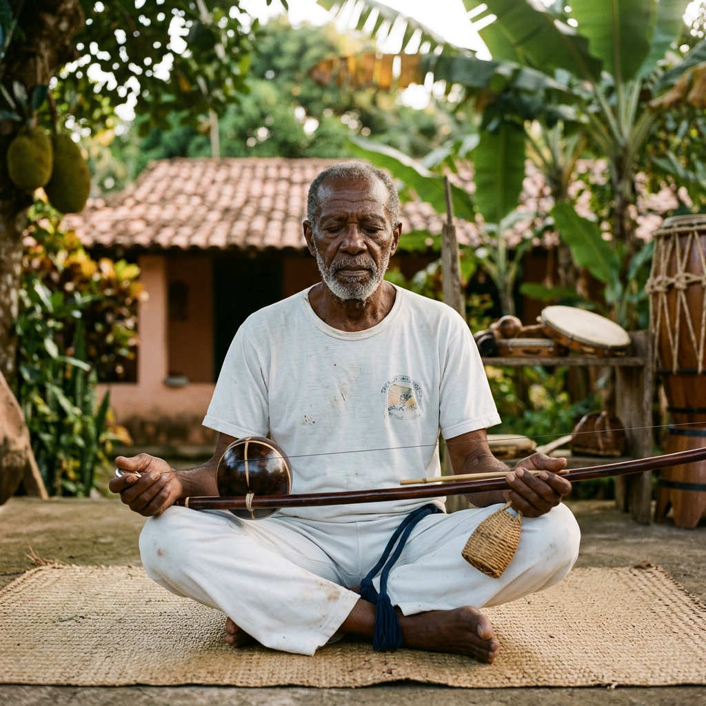 Elderly man sitting cross-legged playing a traditional stringed instrument outdoors