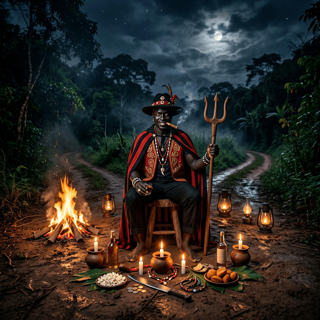 Man in traditional clothing holding a trident, surrounded by candles, food, and a fire at night