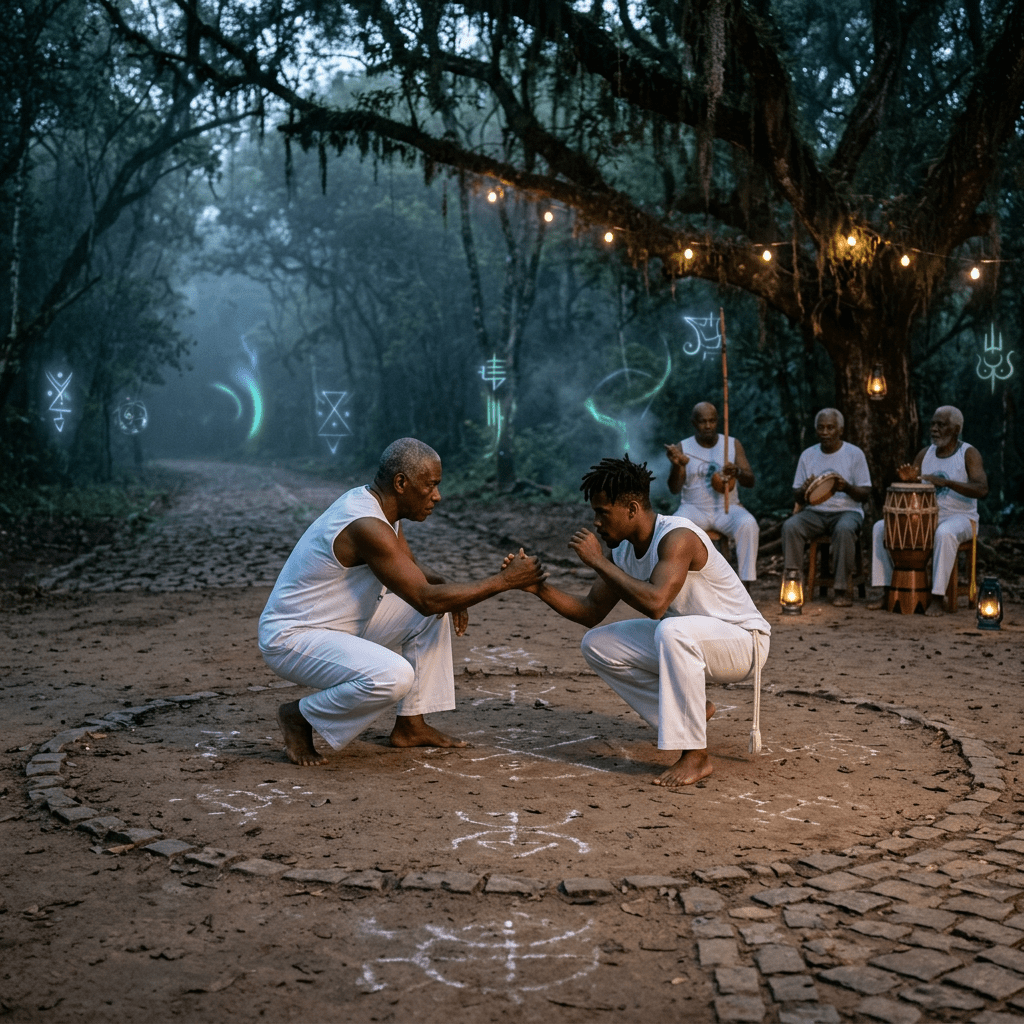 Two men in white clothing perform capoeira in a circle marked with white symbols on a dirt ground in a forest setting with drummers behind them.