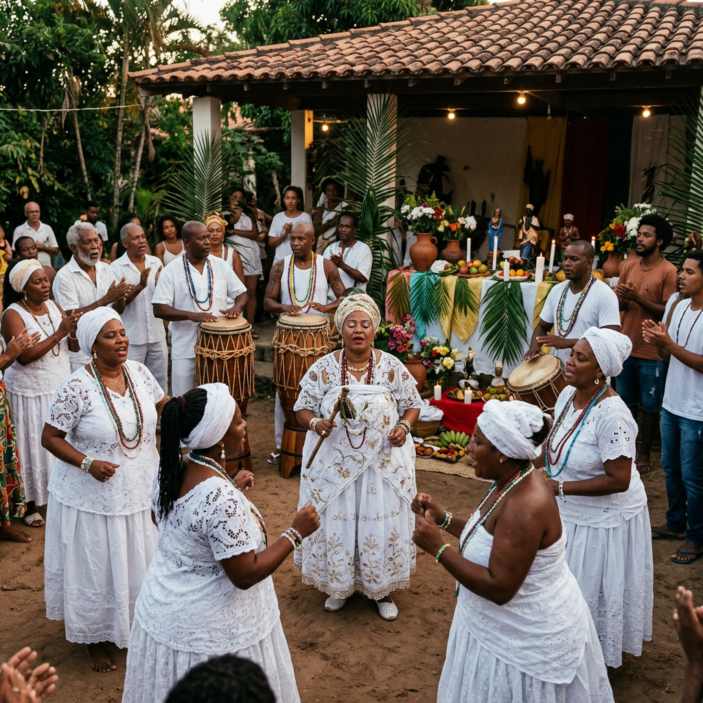 Group dressed in white performing Afro-Brazilian ritual with drums and singing