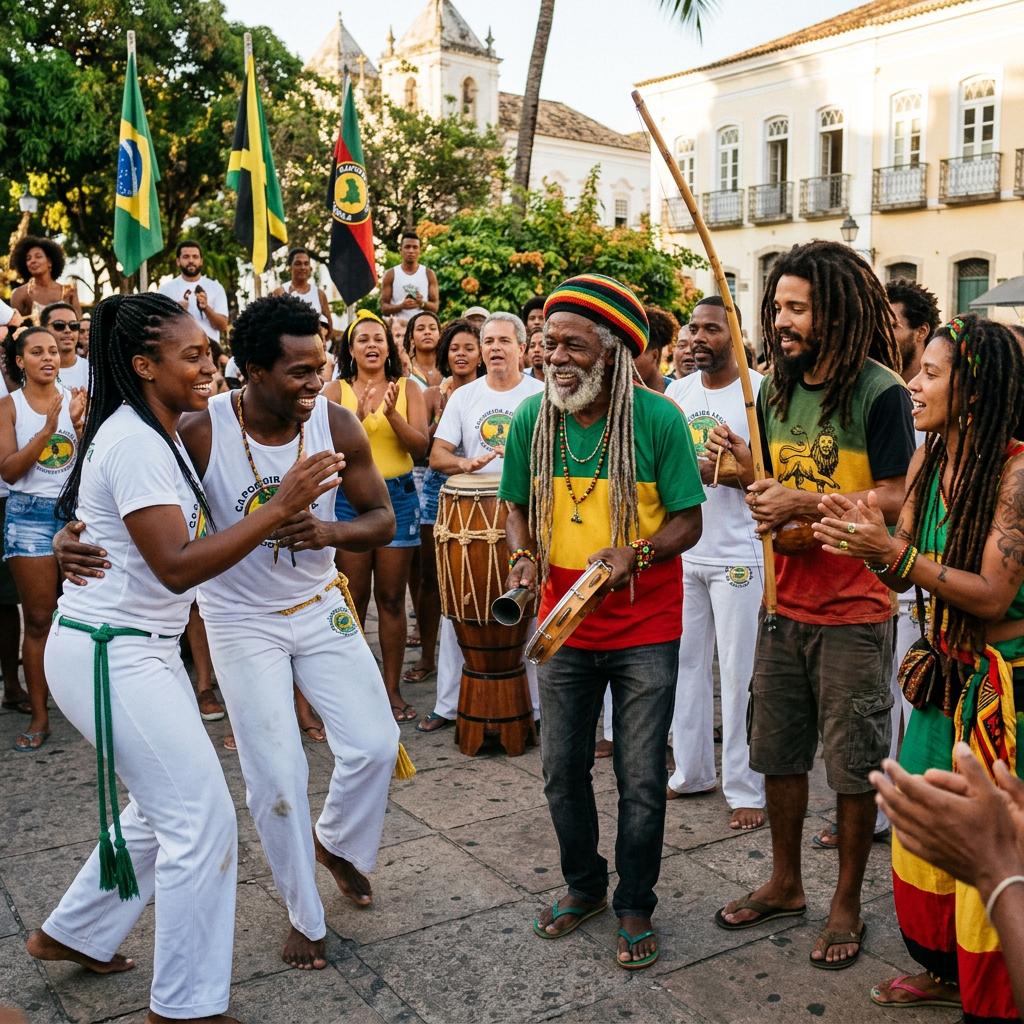 People playing Capoeira and traditional instruments in a street gathering