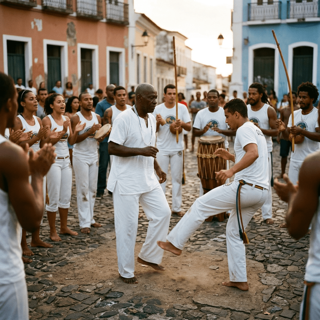 Group of people practicing capoeira with instruments and clapping in a street circle