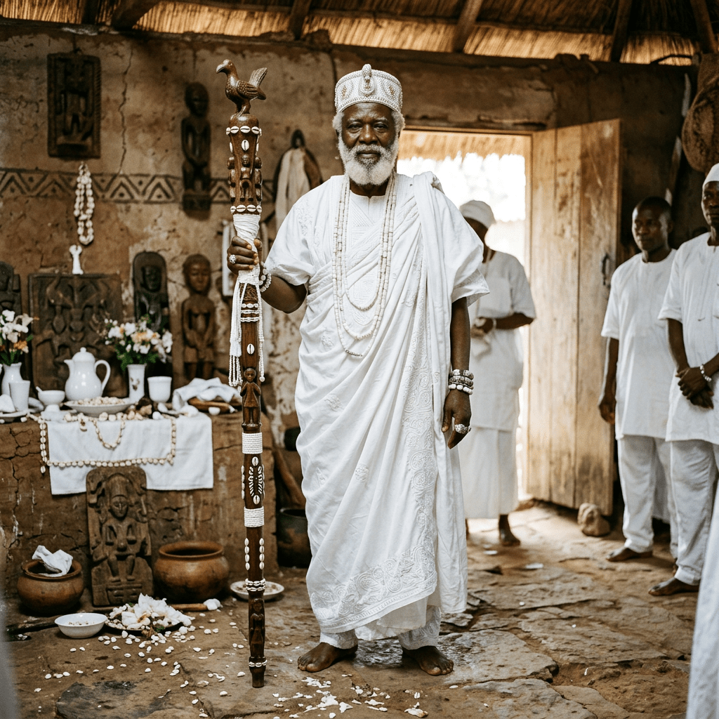 An elderly African man dressed in white traditional clothing and beads holding a carved wooden staff in a ceremonial room with other men in white garments.