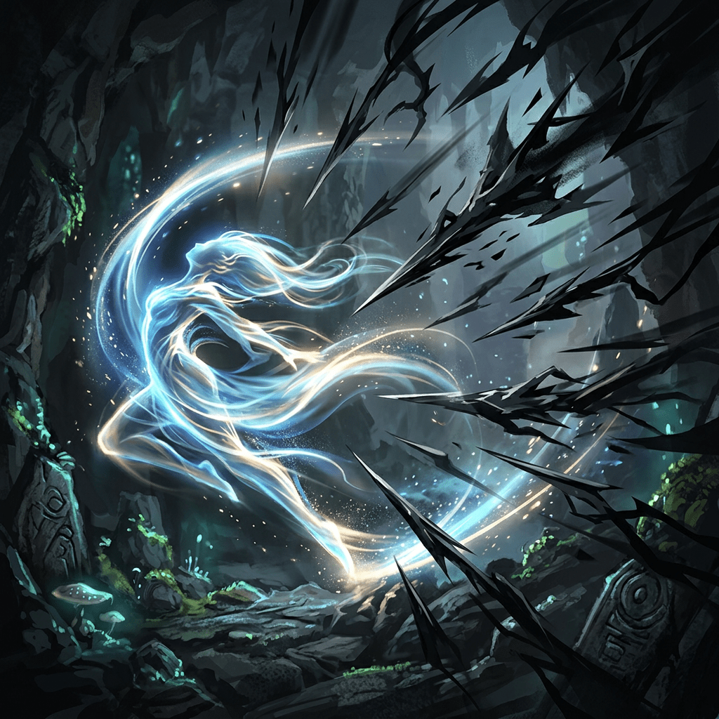 Luminous spectral figure swirling inside a dark, enchanted cavern