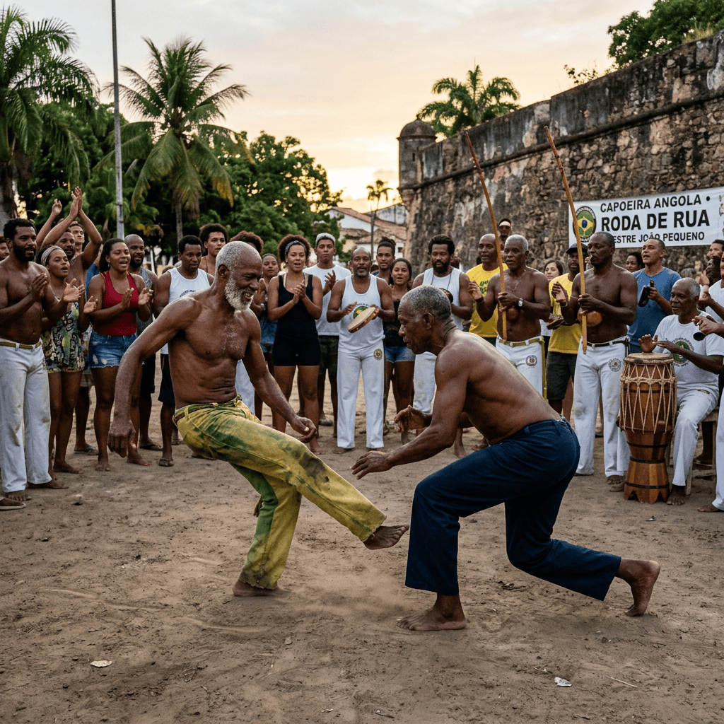 Two capoeira practitioners spar before a cheering crowd beside a historic stone wall