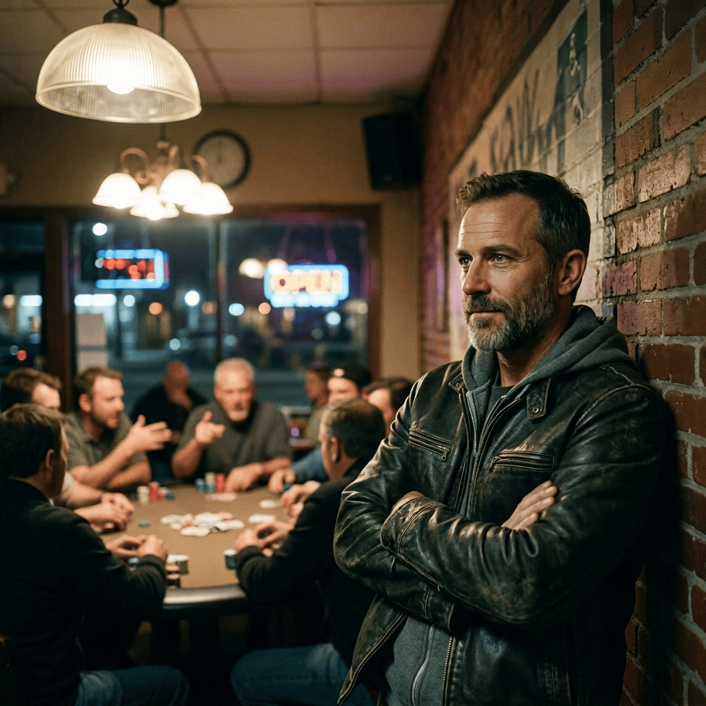 Text reads “REAL POWER AIN’T IN PLAYING GAMES, IT’S IN SEEING ’EM” above a man watching a poker game.